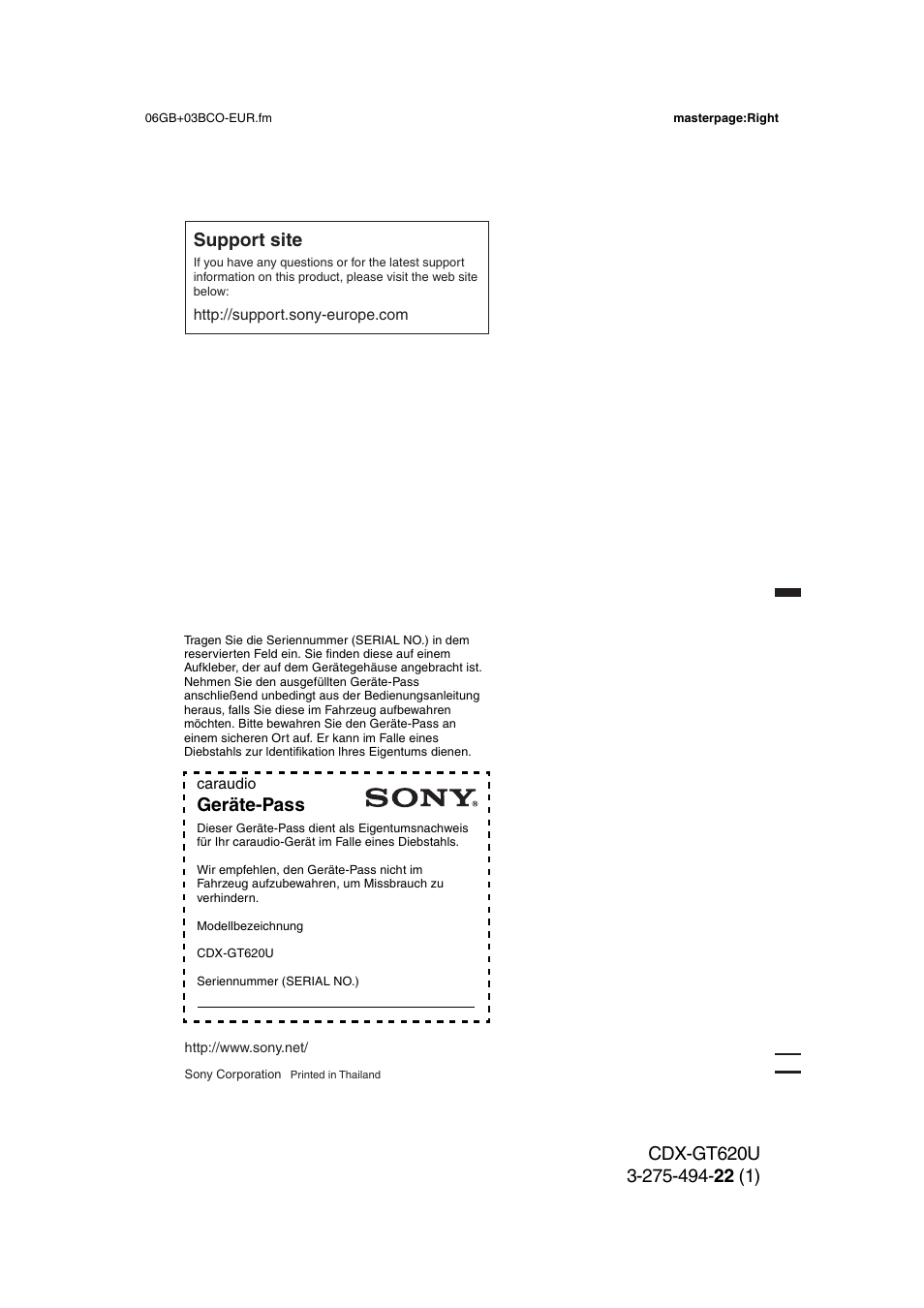 Geräte-pass | Sony CDXGT620U User Manual | Page 120 / 120