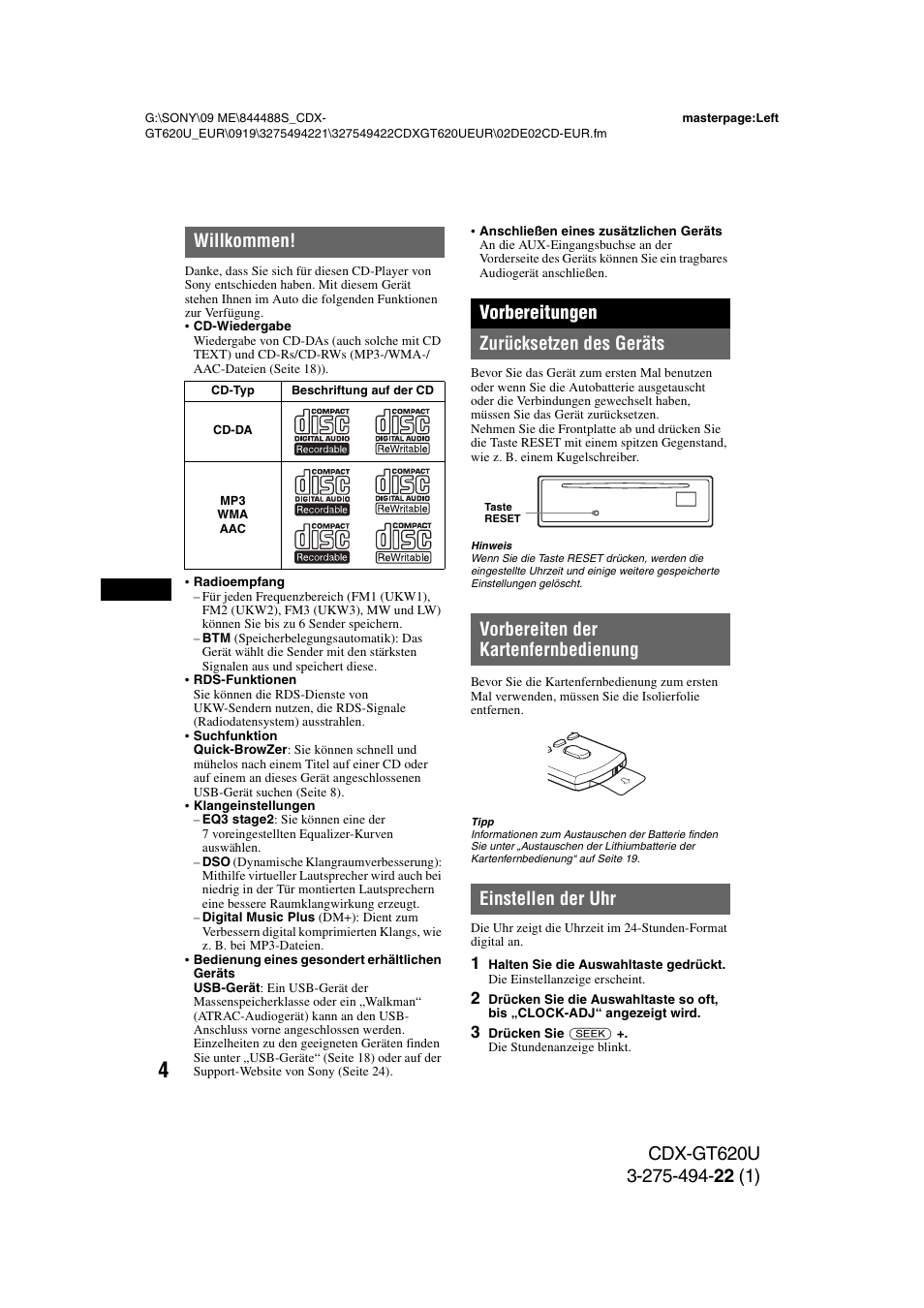 Willkommen, Vorbereitungen, Zurücksetzen des geräts | Vorbereiten der kartenfernbedienung, Einstellen der uhr, Vorbereitungen zurücksetzen des geräts | Sony CDXGT620U User Manual | Page 26 / 120