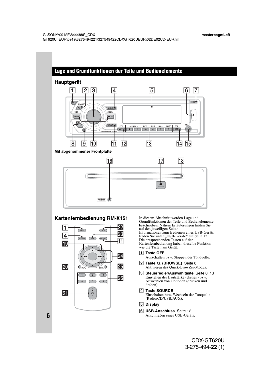 Hauptgerät, Kartenfernbedienung rm-x151, Hauptgerät kartenfernbedienung rm-x151 | Qj qk qh, 4wd qa 1 wg ql w; ws wa wh wf | Sony CDXGT620U User Manual | Page 28 / 120