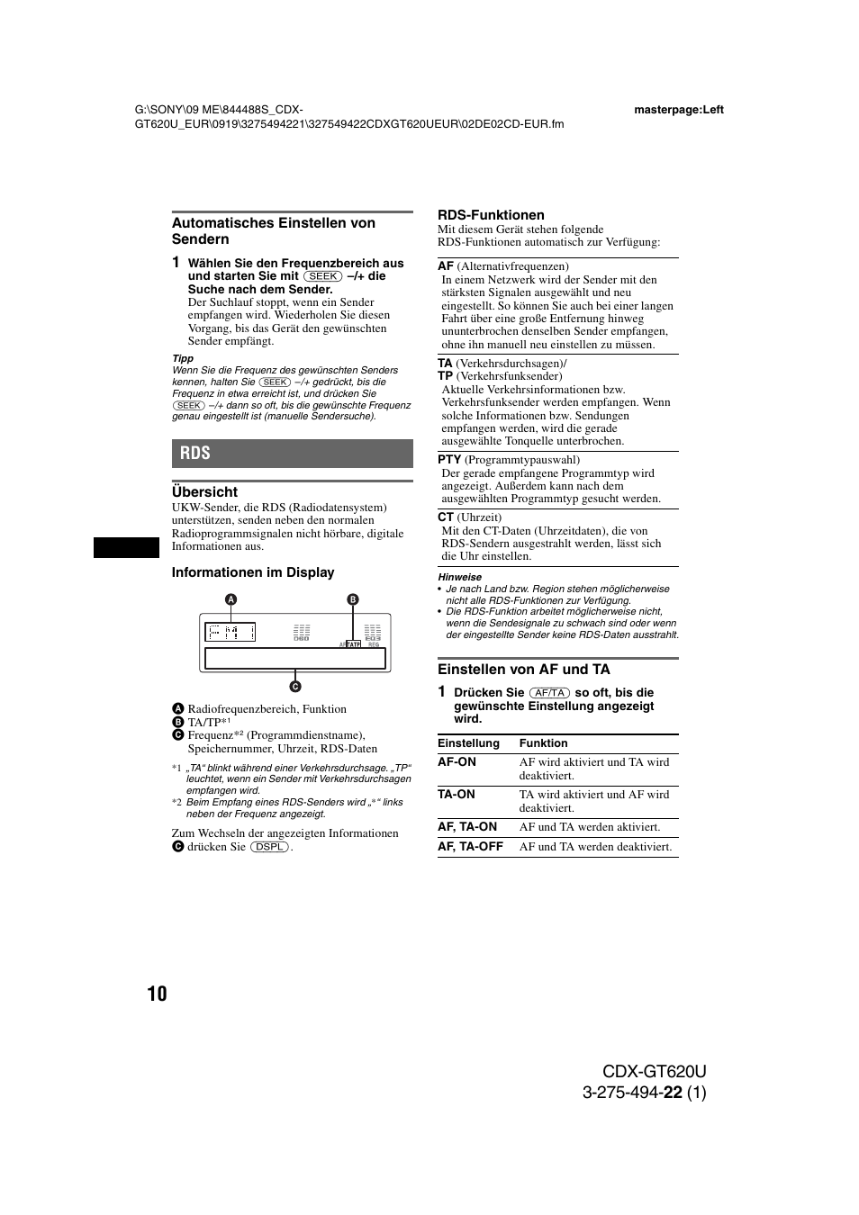Automatisches einstellen von sendern, Übersicht, Einstellen von af und ta | Übersicht einstellen von af und ta, Seite 10 | Sony CDXGT620U User Manual | Page 32 / 120