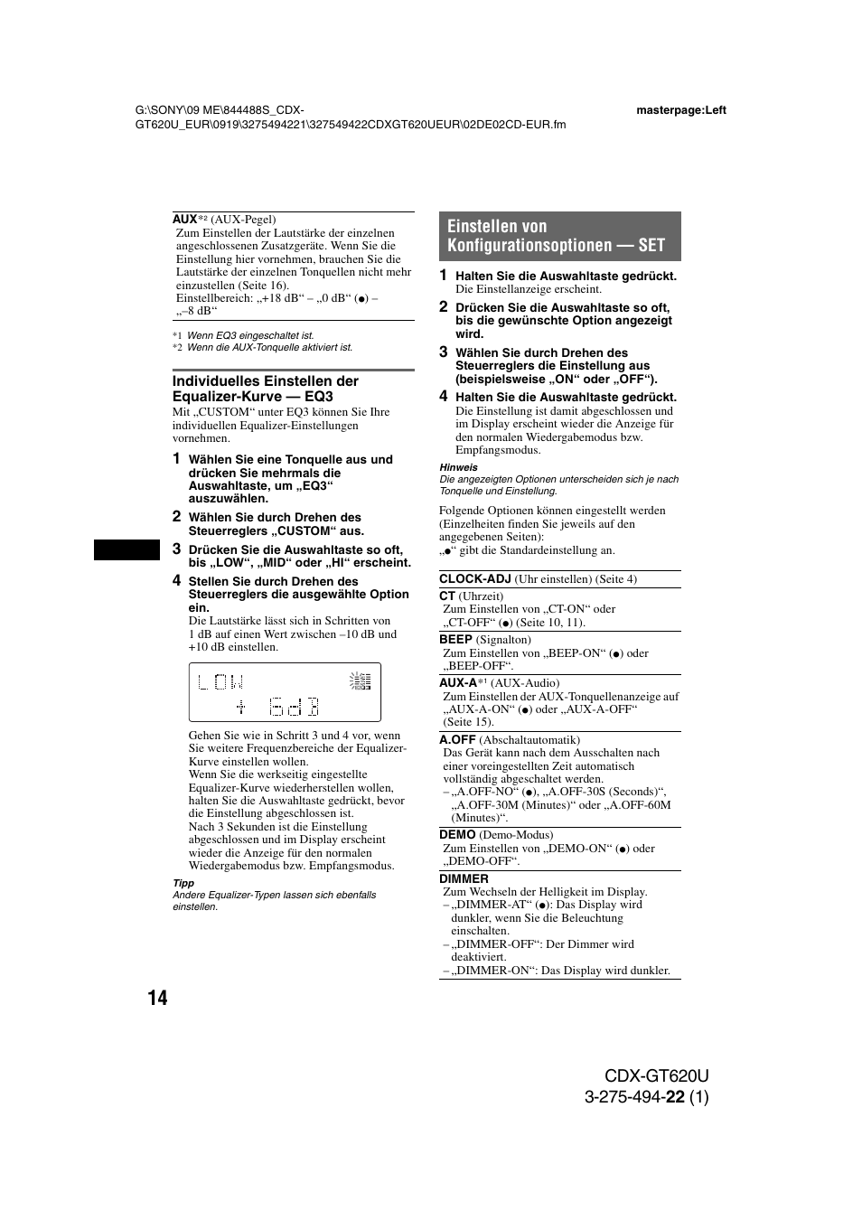 Individuelles einstellen der equalizer-kurve - eq3, Einstellen von konfigurationsoptionen - set, F seite 14 na | Individuelles einstellen der equalizer-kurve — eq3, Einstellen von konfigurationsoptionen — set | Sony CDXGT620U User Manual | Page 36 / 120