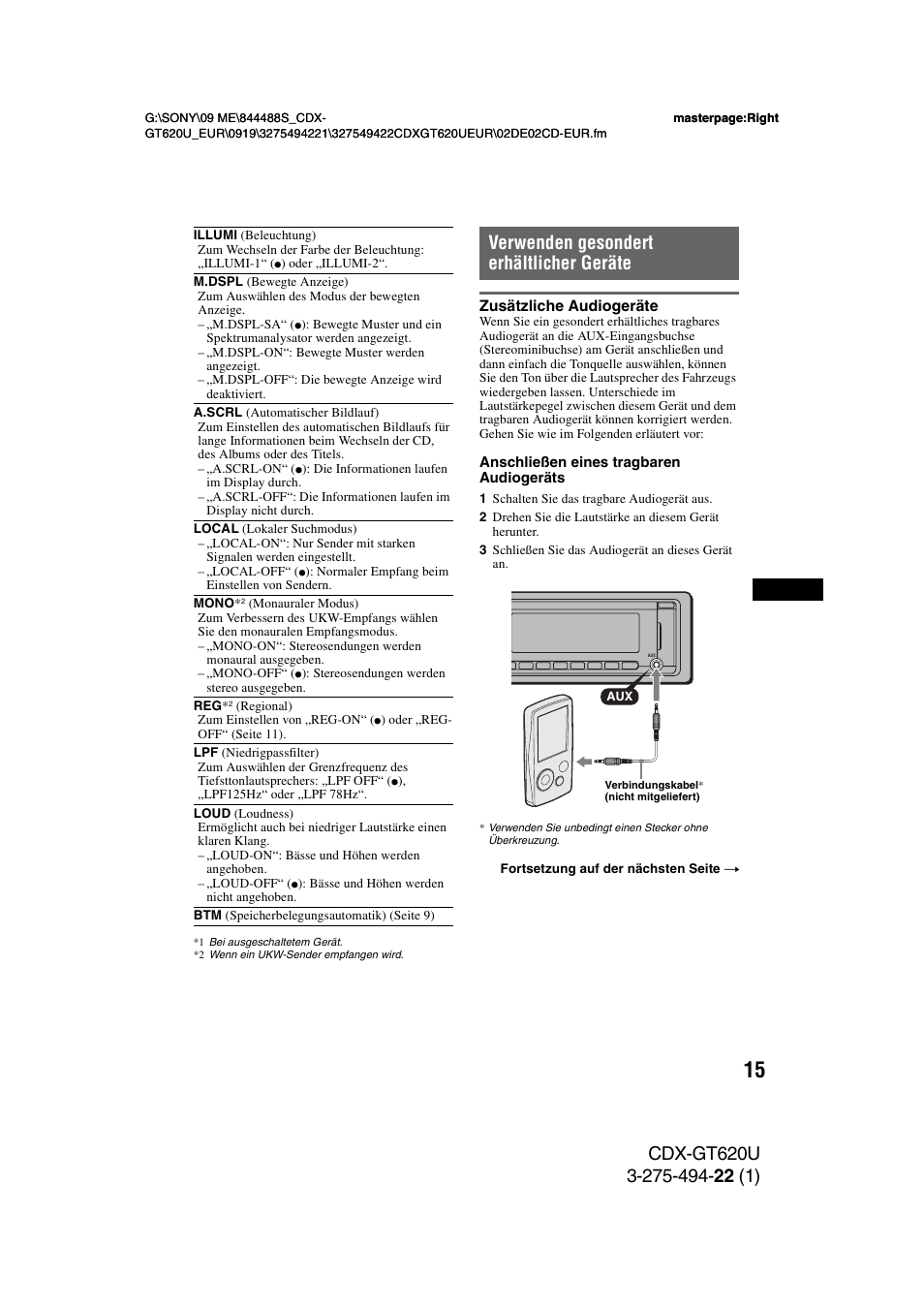 Verwenden gesondert erhältlicher geräte, Zusätzliche audiogeräte, Seite 15 | Seite 15) | Sony CDXGT620U User Manual | Page 37 / 120