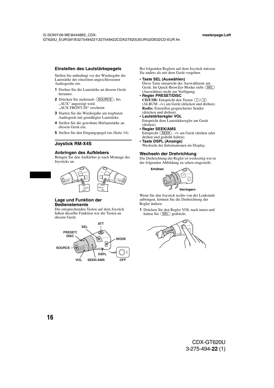 Joystick rm-x4s, N (seite 16) | Sony CDXGT620U User Manual | Page 38 / 120