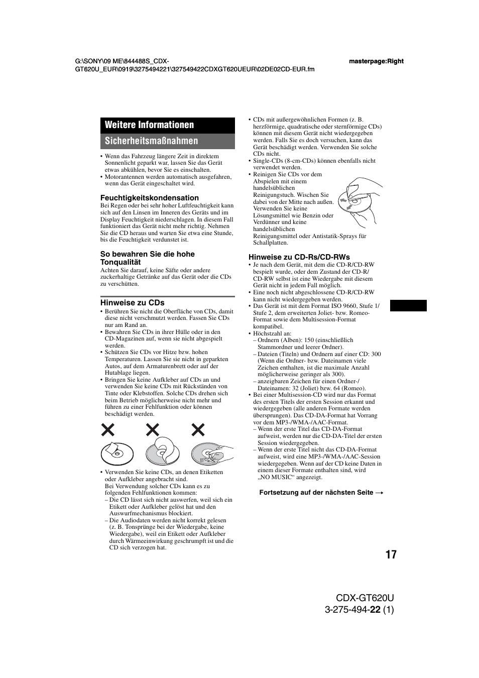 Weitere informationen, Sicherheitsmaßnahmen, Hinweise zu cds | Sony CDXGT620U User Manual | Page 39 / 120