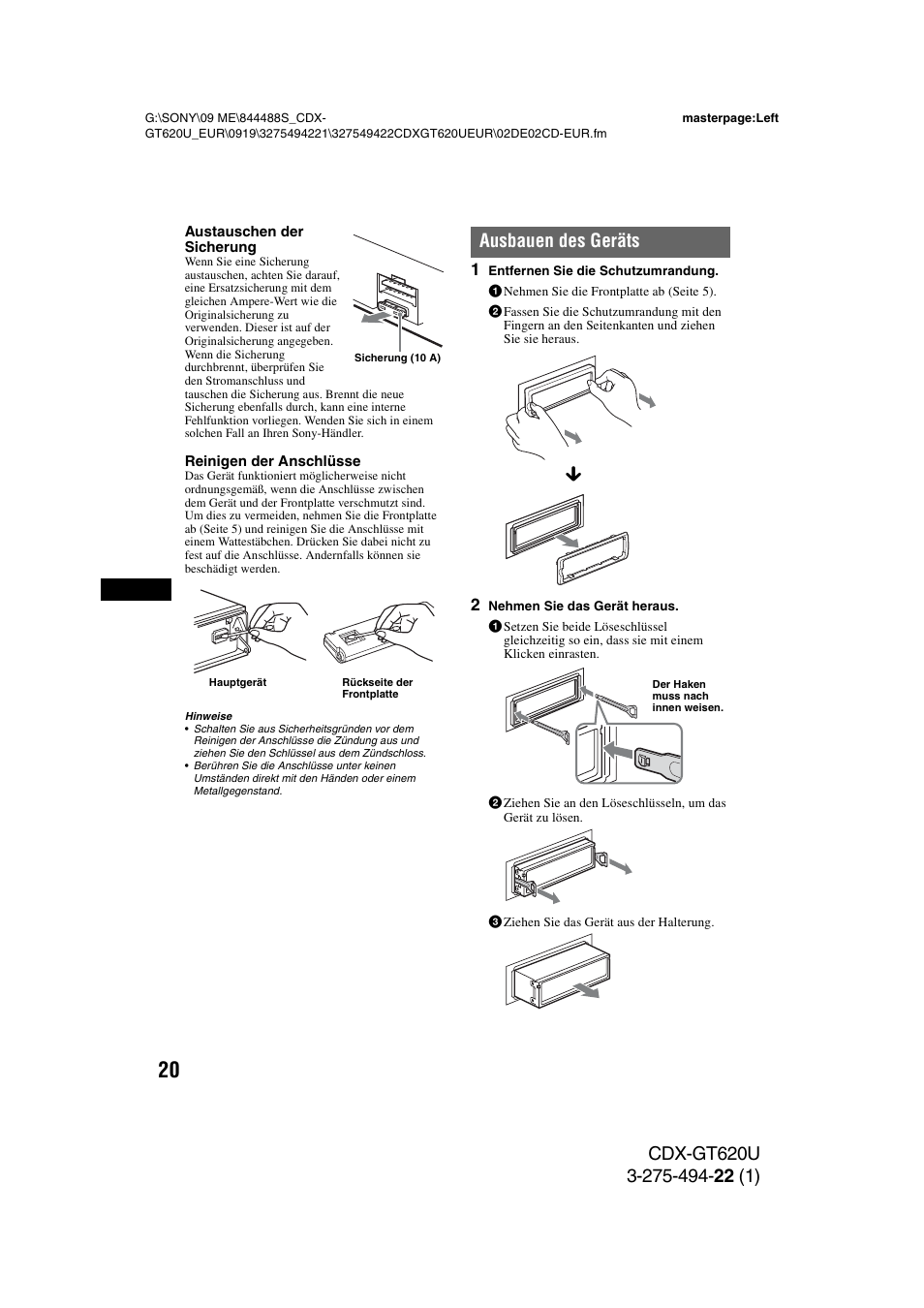 Ausbauen des geräts | Sony CDXGT620U User Manual | Page 42 / 120