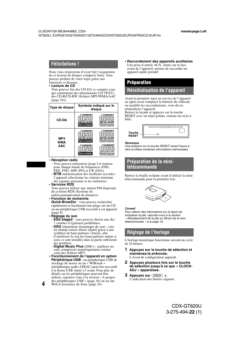 Félicitations, Préparation, Réinitialisation de l’appareil | Préparation de la mini- télécommande, Réglage de l’horloge, Préparation réinitialisation de l’appareil | Sony CDXGT620U User Manual | Page 50 / 120