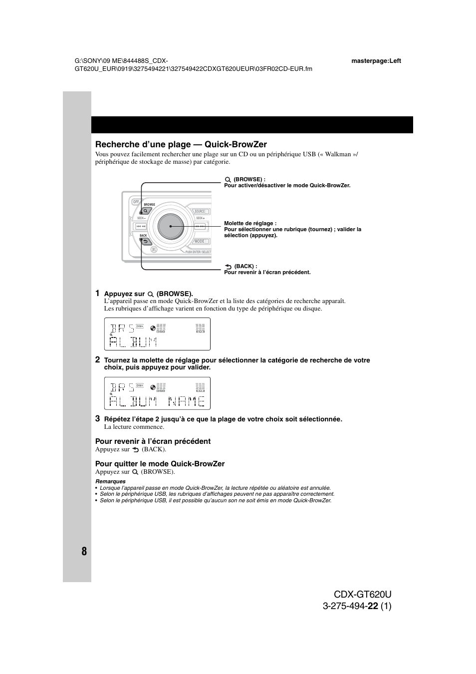 Recherche d’une plage - quick-browzer, Recherche d’une plage — quick-browzer | Sony CDXGT620U User Manual | Page 54 / 120