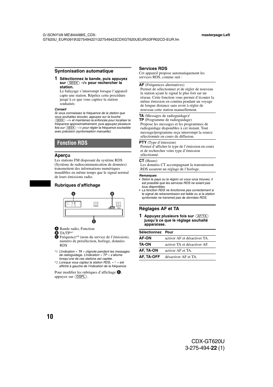 Syntonisation automatique, Fonction rds, Aperçu | Réglages af et ta, Aperçu réglages af et ta | Sony CDXGT620U User Manual | Page 56 / 120