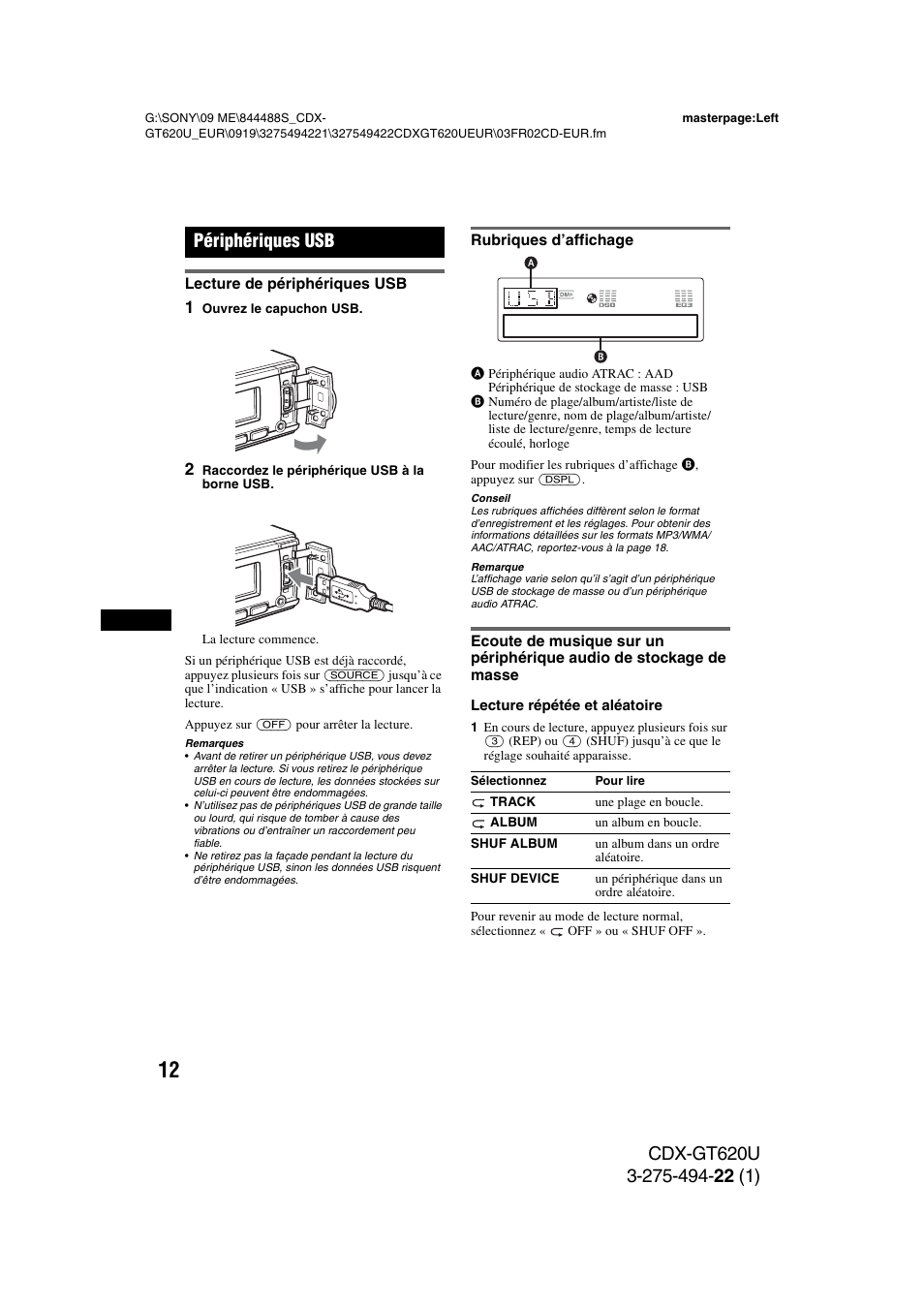Périphériques usb, Lecture de périphériques usb, Rubriques d’affichage | Sony CDXGT620U User Manual | Page 58 / 120