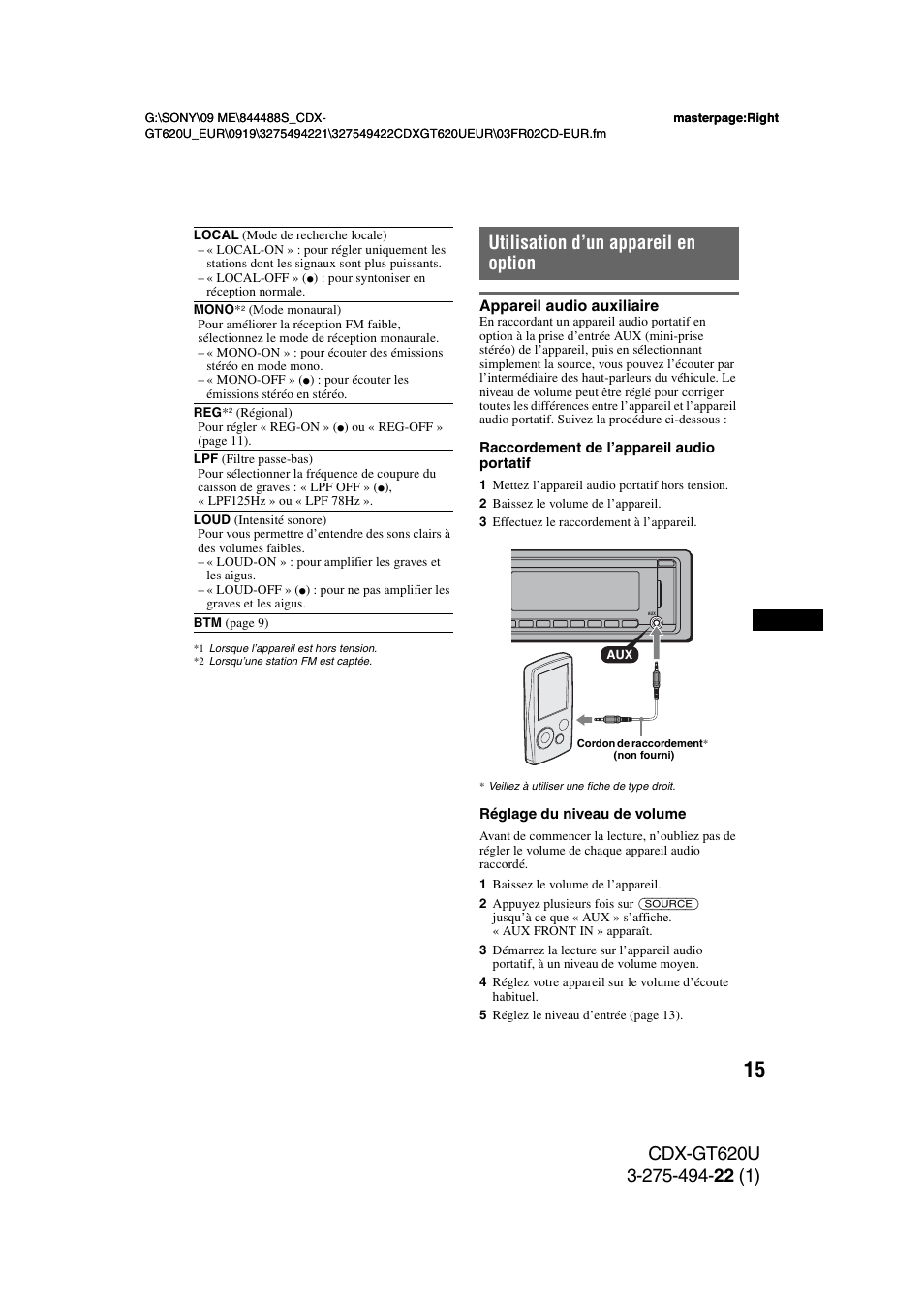 Utilisation d’un appareil en option, Appareil audio auxiliaire | Sony CDXGT620U User Manual | Page 61 / 120