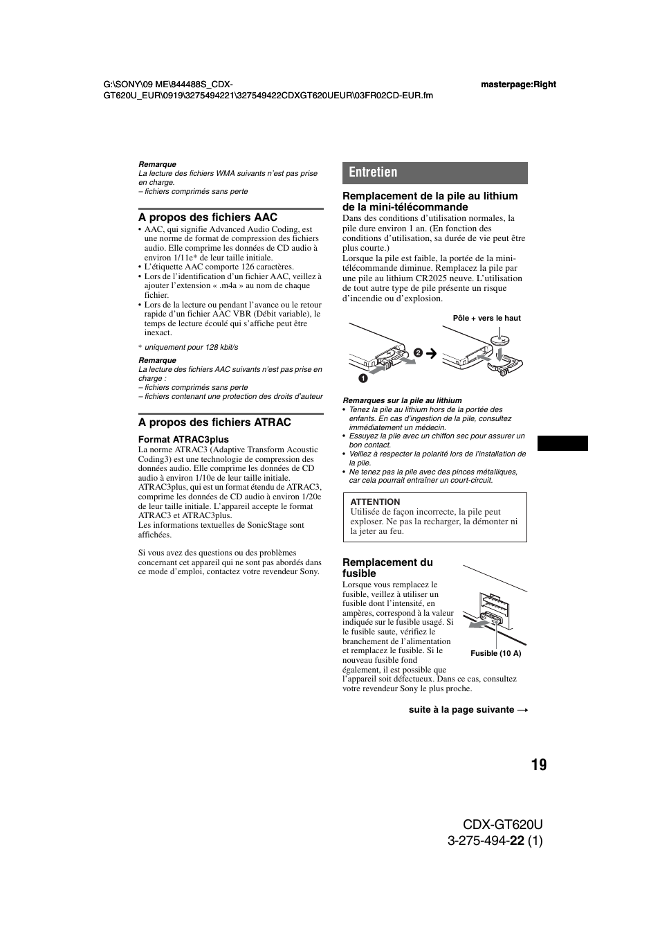 A propos des fichiers aac, A propos des fichiers atrac, Entretien | Sony CDXGT620U User Manual | Page 65 / 120