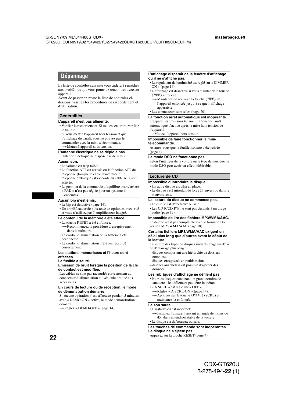Dépannage | Sony CDXGT620U User Manual | Page 68 / 120