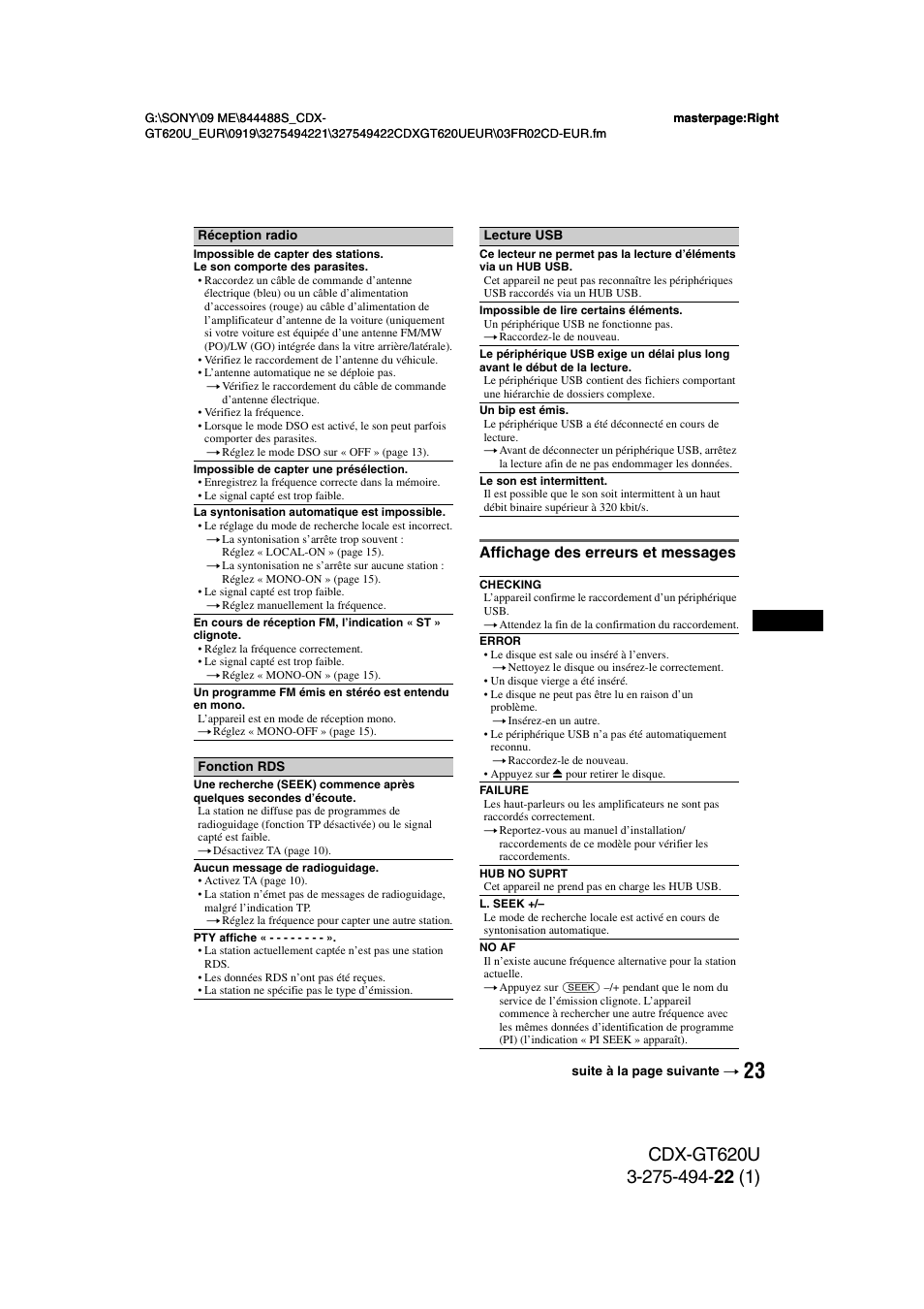 Affichage des erreurs et messages | Sony CDXGT620U User Manual | Page 69 / 120