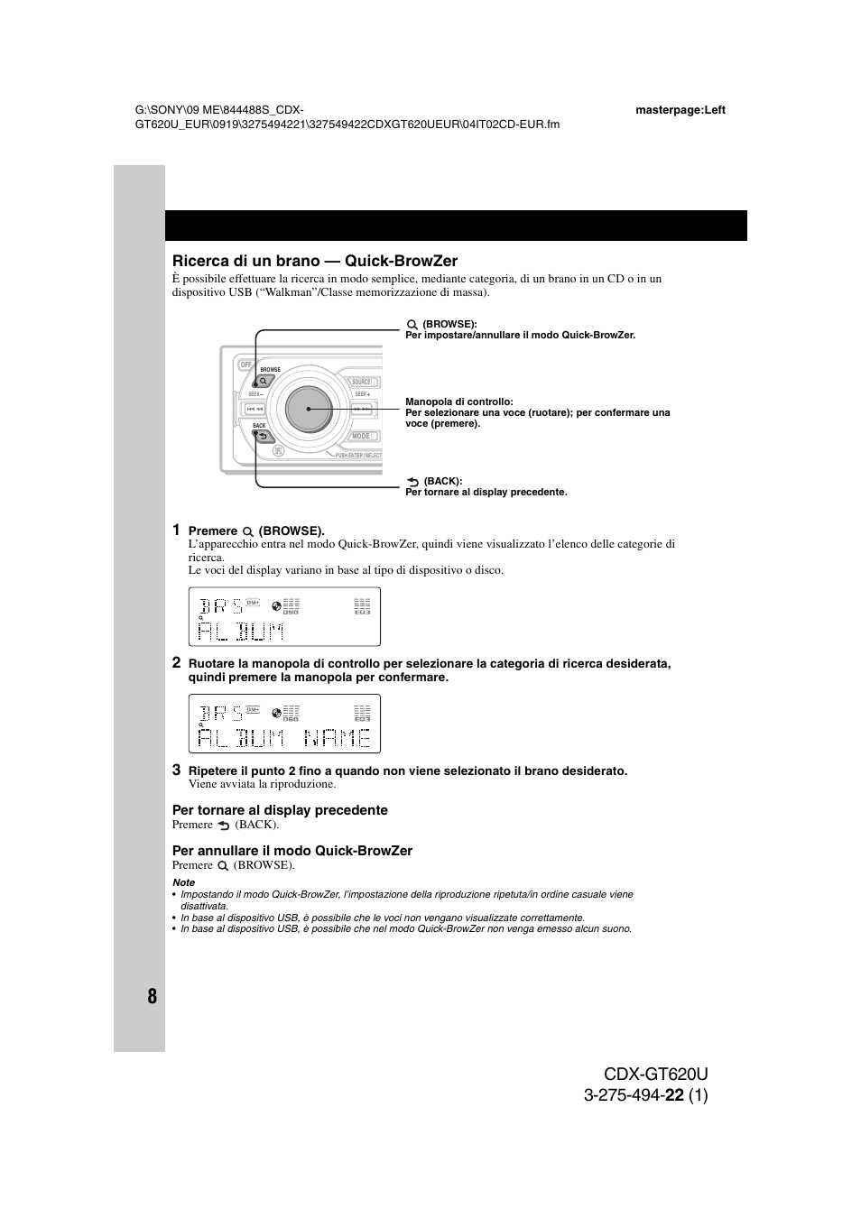Ricerca di un brano - quick-browzer, Ricerca di un brano — quick-browzer | Sony CDXGT620U User Manual | Page 78 / 120
