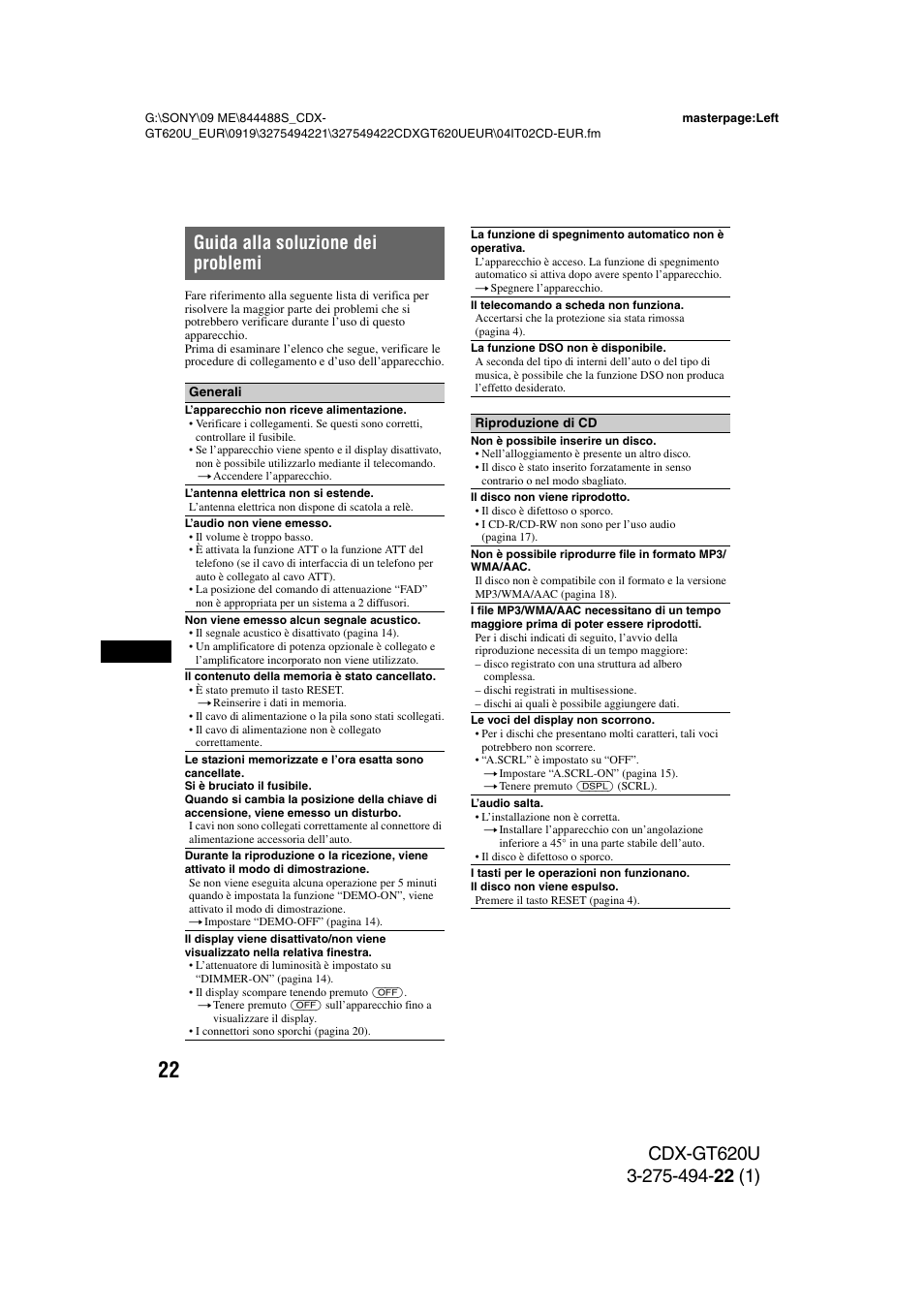 Guida alla soluzione dei problemi | Sony CDXGT620U User Manual | Page 92 / 120