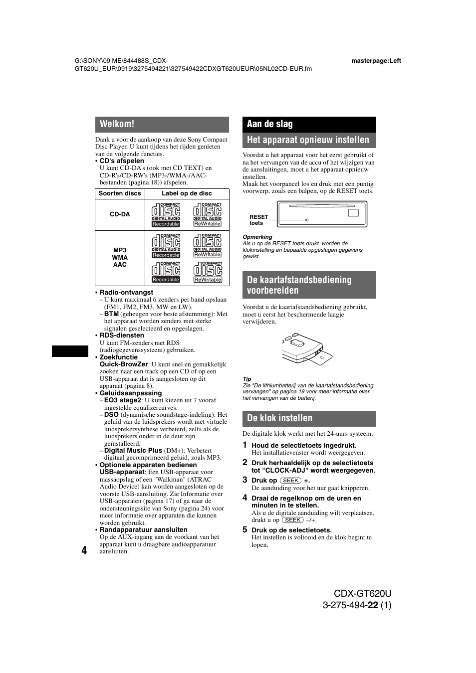 Welkom, Aan de slag, Het apparaat opnieuw instellen | De kaartafstandsbediening voorbereiden, De klok instellen, Aan de slag het apparaat opnieuw instellen | Sony CDXGT620U User Manual | Page 98 / 120