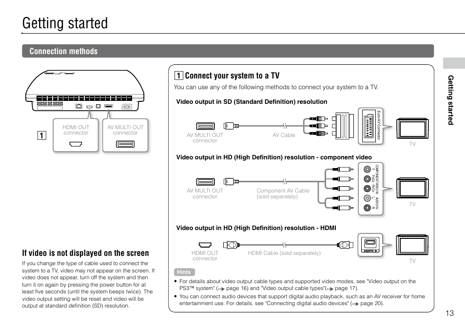 Getting started, Connection methods, If video is not displayed on the screen | Connection methods  connect your system to a tv | Sony Playstation 3 CECH-2003B User Manual | Page 13 / 60