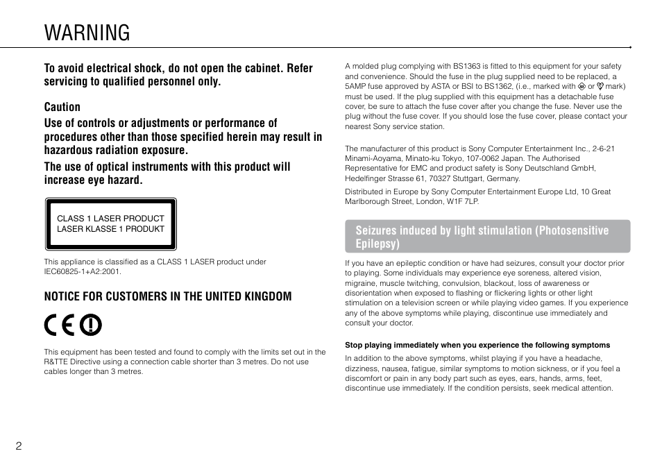 Warning | Sony Playstation 3 CECH-2003B User Manual | Page 2 / 60
