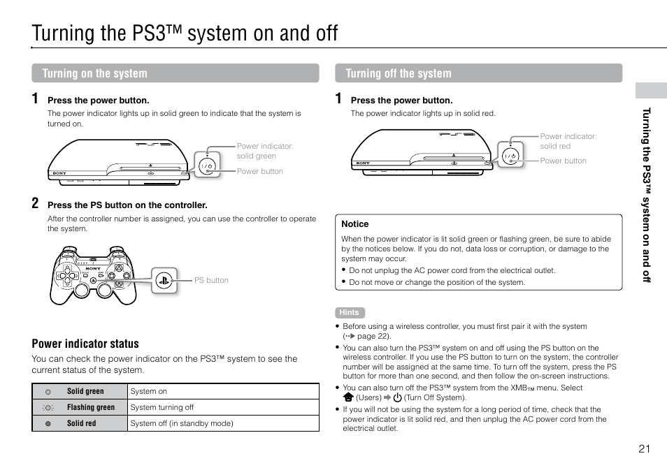 Turning the ps3™ system on and off | Sony Playstation 3 CECH-2003B User Manual | Page 21 / 60