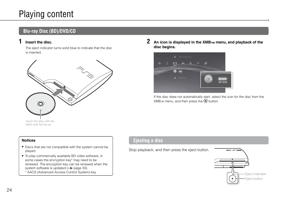 Playing content, Blu-ray disc (bd)/dvd/cd | Sony Playstation 3 CECH-2003B User Manual | Page 24 / 60