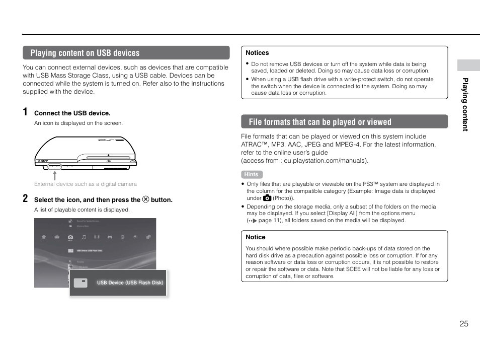 Playing content on usb devices, File formats that can be played or viewed | Sony Playstation 3 CECH-2003B User Manual | Page 25 / 60