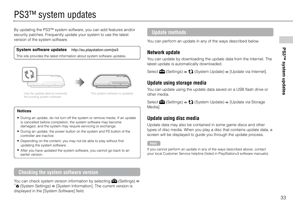 Ps3™ system updates, Checking the system software version, Update methods | Network update, Update using storage media, Update using disc media | Sony Playstation 3 CECH-2003B User Manual | Page 33 / 60