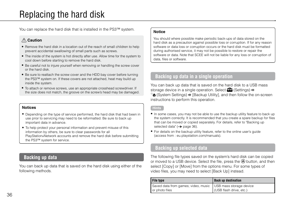 Replacing the hard disk, Backing up data, Backing up data in a single operation | Backing up selected data | Sony Playstation 3 CECH-2003B User Manual | Page 36 / 60
