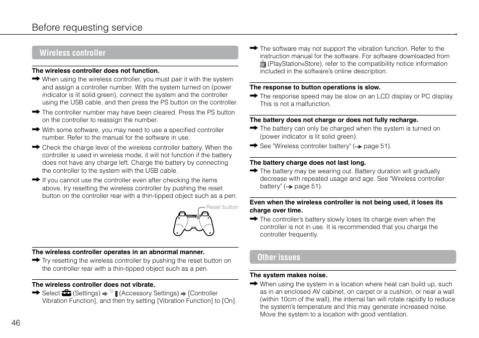Before requesting service, Wireless controller, Other issues | Sony Playstation 3 CECH-2003B User Manual | Page 46 / 60