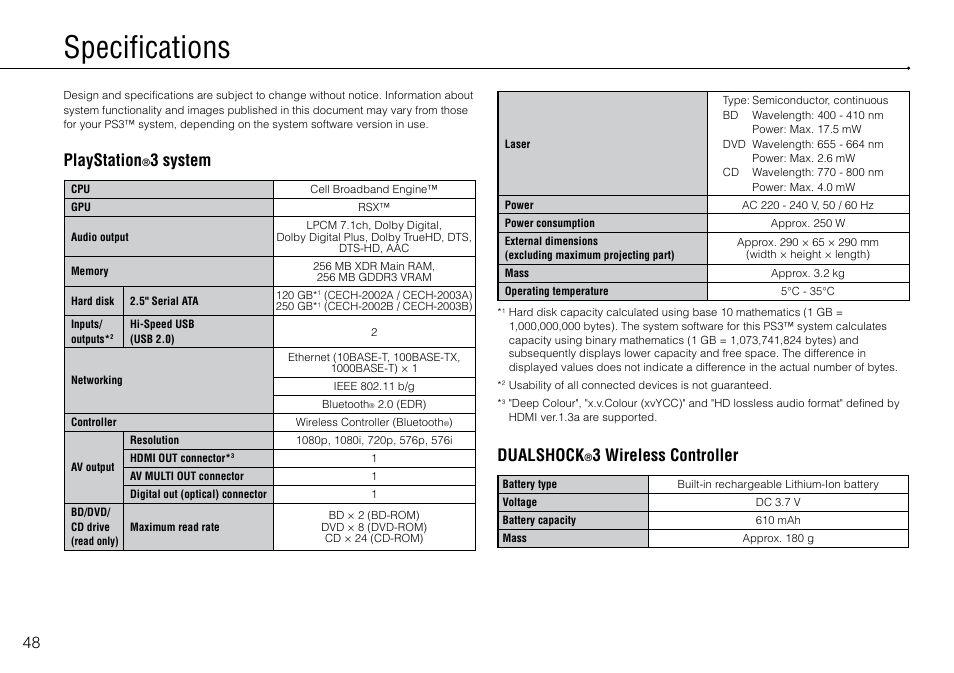 Specifications, Dualshock, 3 wireless controller | Playstation, 3 system | Sony Playstation 3 CECH-2003B User Manual | Page 48 / 60