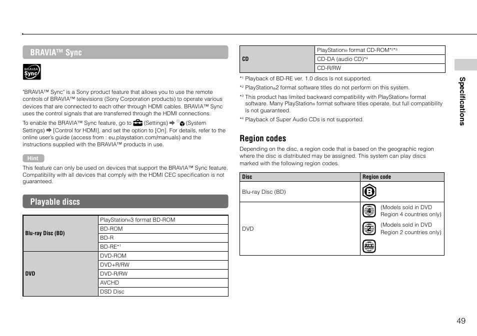 Bravia™ sync, Playable discs, Region codes | Specifications | Sony Playstation 3 CECH-2003B User Manual | Page 49 / 60