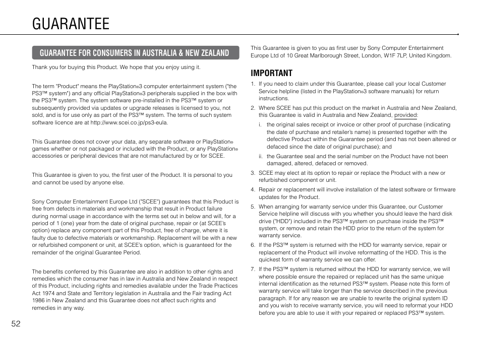 Guarantee, Guarantee for consumers in australia & new zealand, Important | Sony Playstation 3 CECH-2003B User Manual | Page 52 / 60