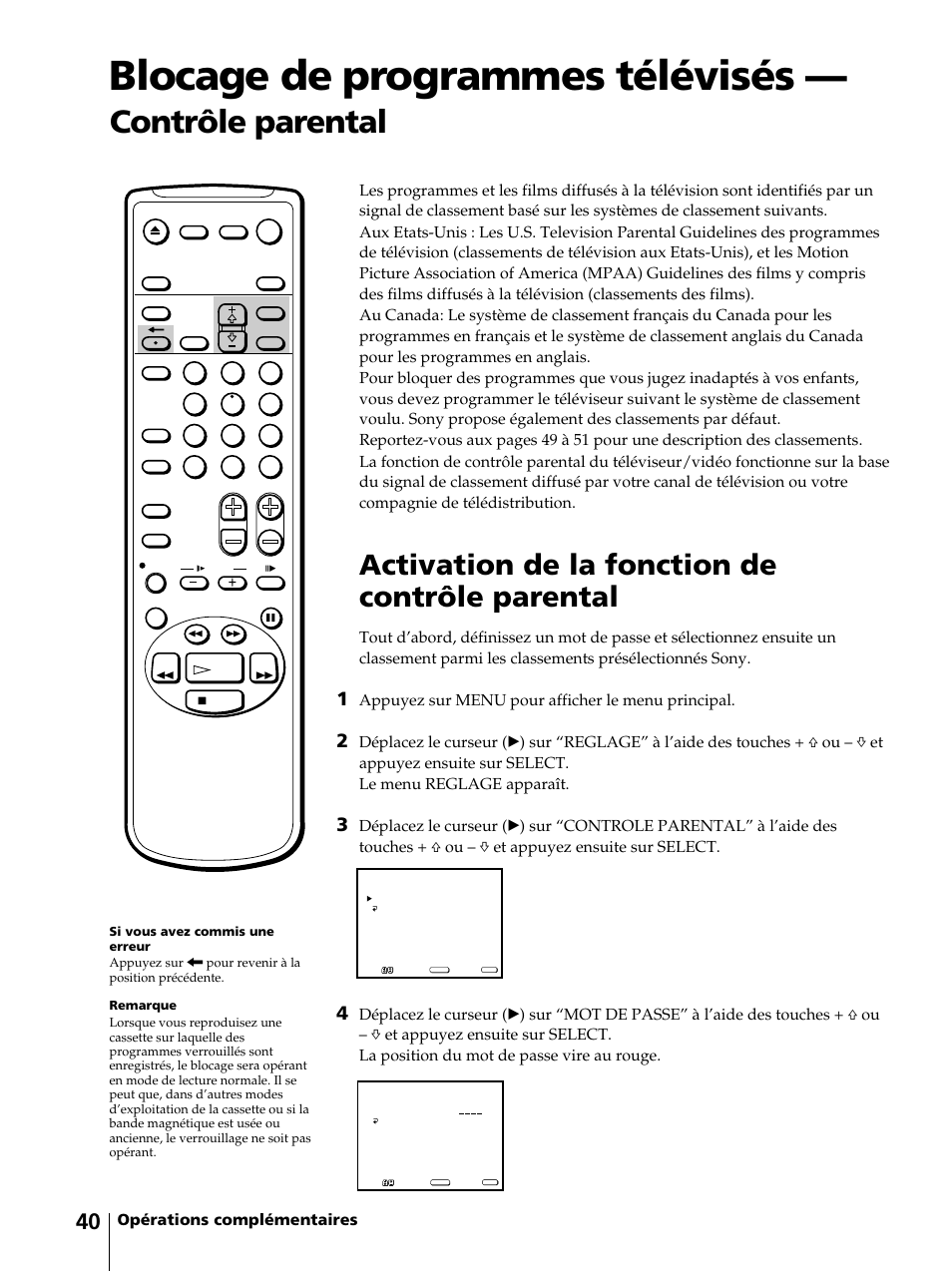 Blocage de programmes télévisés, Contrôle parental, Activation de la fonction de contrôle parental | Appuyez sur menu pour afficher le menu principal | Sony KV-13VM42 User Manual | Page 102 / 188
