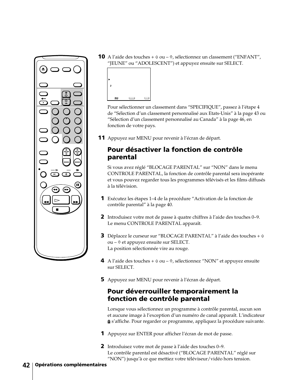 Pour désactiver la fonction de contrôle parental, Opérations complémentaires, Appuyez sur menu pour revenir à l’écran de départ | Sony KV-13VM42 User Manual | Page 104 / 188