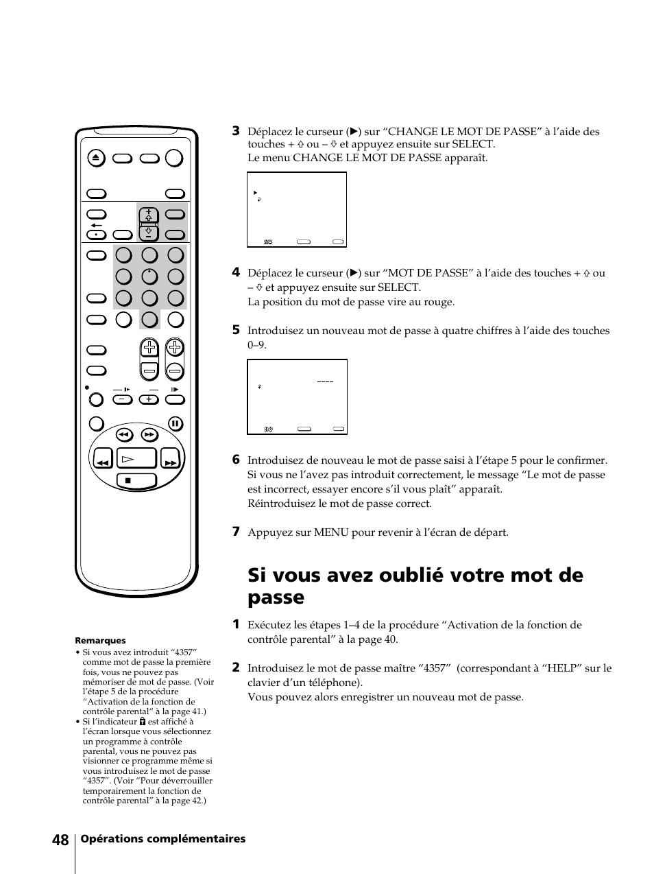 Si vous avez oublié votre mot de passe, Opérations complémentaires, Appuyez sur menu pour revenir à l’écran de départ | Sony KV-13VM42 User Manual | Page 110 / 188