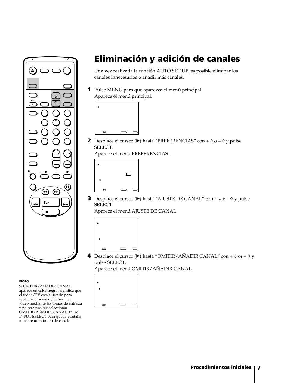 Eliminación y adición de canales, Procedimientos iniciales | Sony KV-13VM42 User Manual | Page 131 / 188