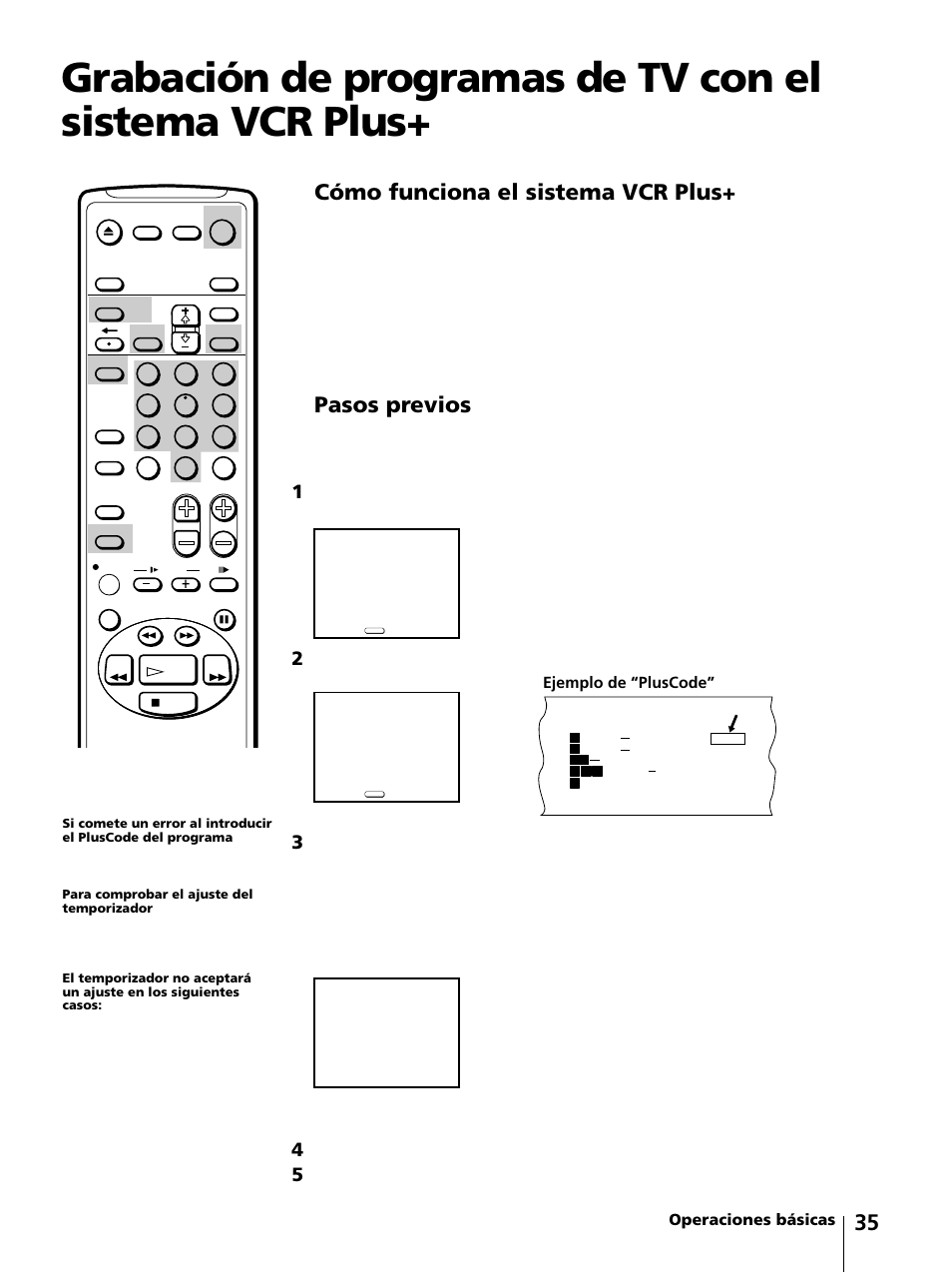 35 cómo funciona el sistema vcr plus, Pasos previos, Operaciones básicas | Ejemplo de “pluscode | Sony KV-13VM42 User Manual | Page 159 / 188