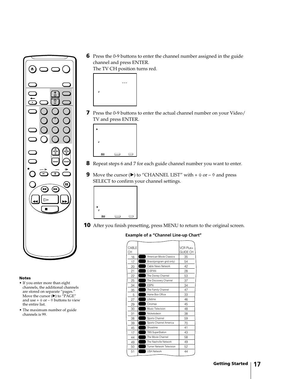 Sample, Getting started, Example of a “channel line-up chart | Sony KV-13VM42 User Manual | Page 17 / 188