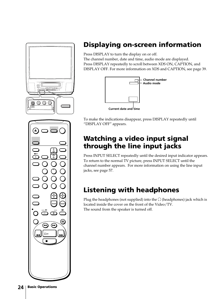 Displaying on-screen information, Listening with headphones | Sony KV-13VM42 User Manual | Page 24 / 188