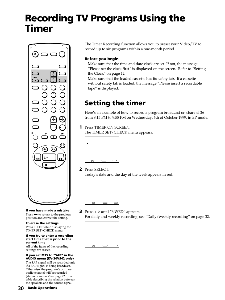 Recording tv programs using the timer, Setting the timer | Sony KV-13VM42 User Manual | Page 30 / 188