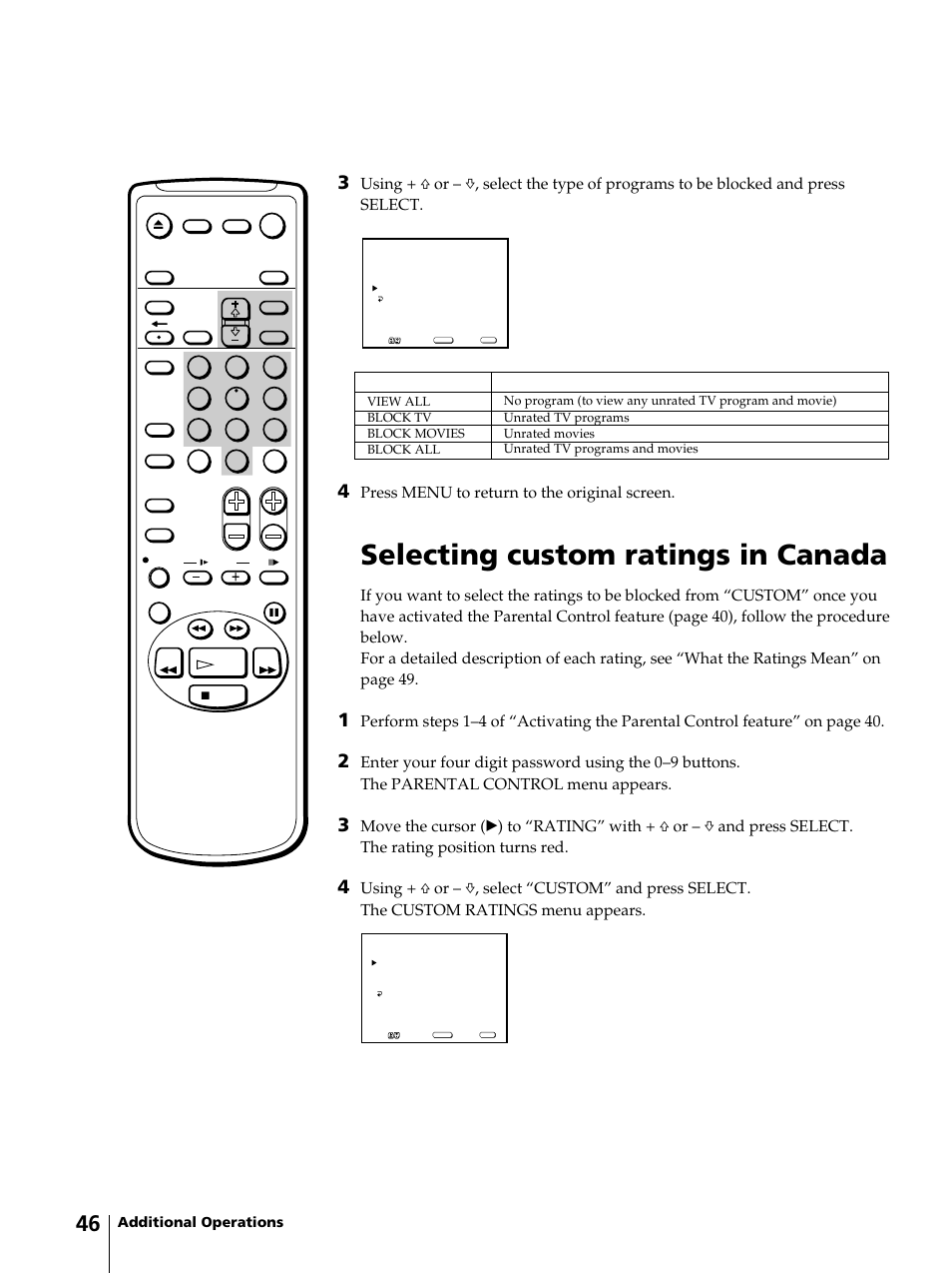 Selecting custom ratings in canada, Press menu to return to the original screen | Sony KV-13VM42 User Manual | Page 46 / 188