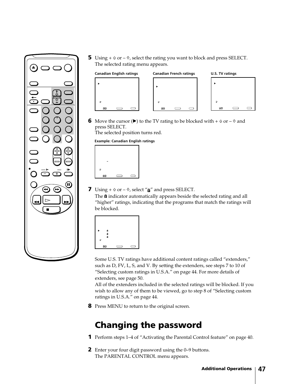 Changing the password, Press menu to return to the original screen, Additional operations | Sony KV-13VM42 User Manual | Page 47 / 188