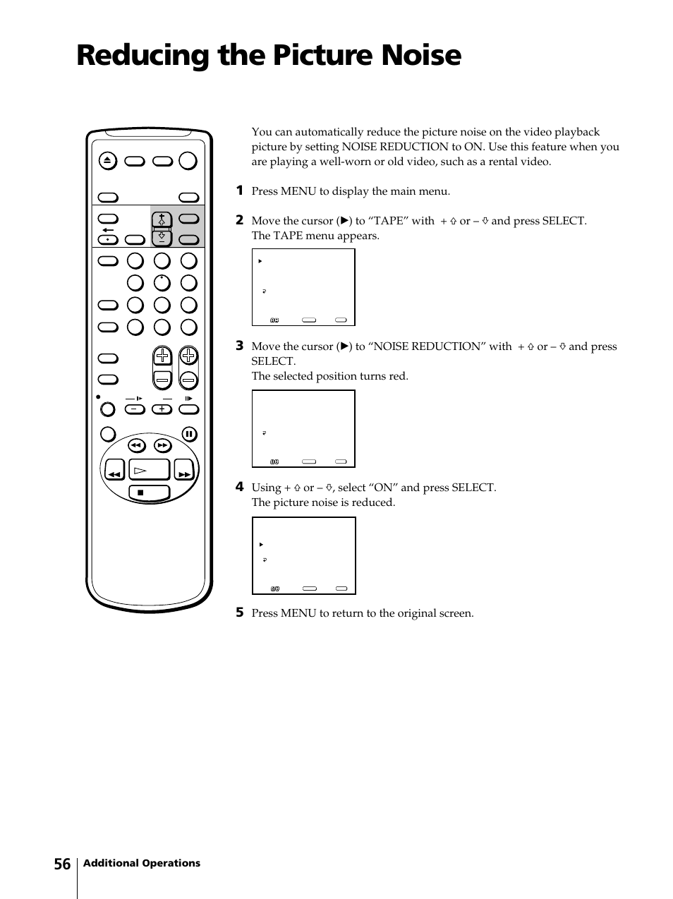 Reducing the picture noise, Press menu to display the main menu, Press menu to return to the original screen | Sony KV-13VM42 User Manual | Page 56 / 188