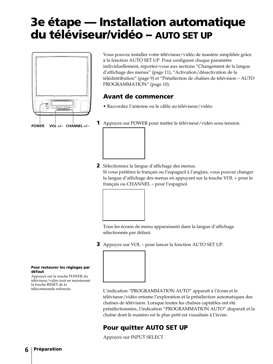 Auto set up, Avant de commencer, Pour quitter auto set up | Sony KV-13VM42 User Manual | Page 68 / 188