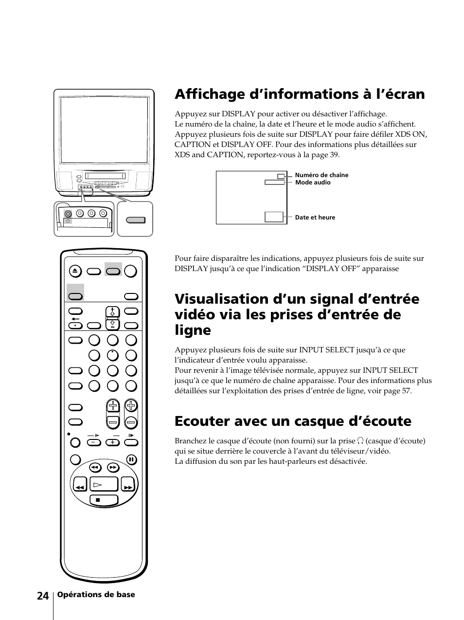 Affichage d’informations à l’écran, Ecouter avec un casque d’écoute, Opérations de base | Sony KV-13VM42 User Manual | Page 86 / 188