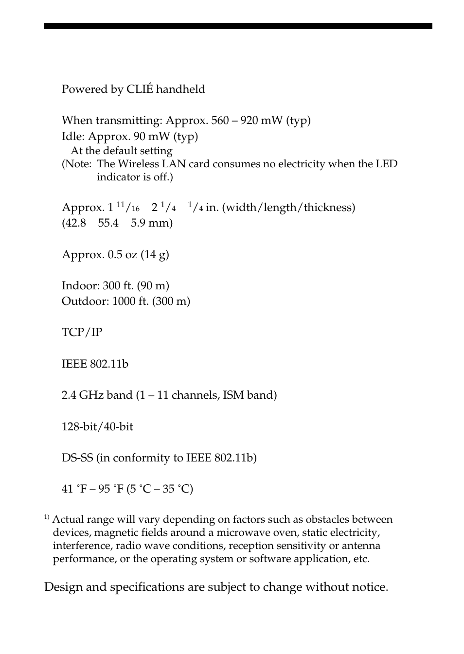 Specifications | Sony PEGA-WL100 User Manual | Page 38 / 40
