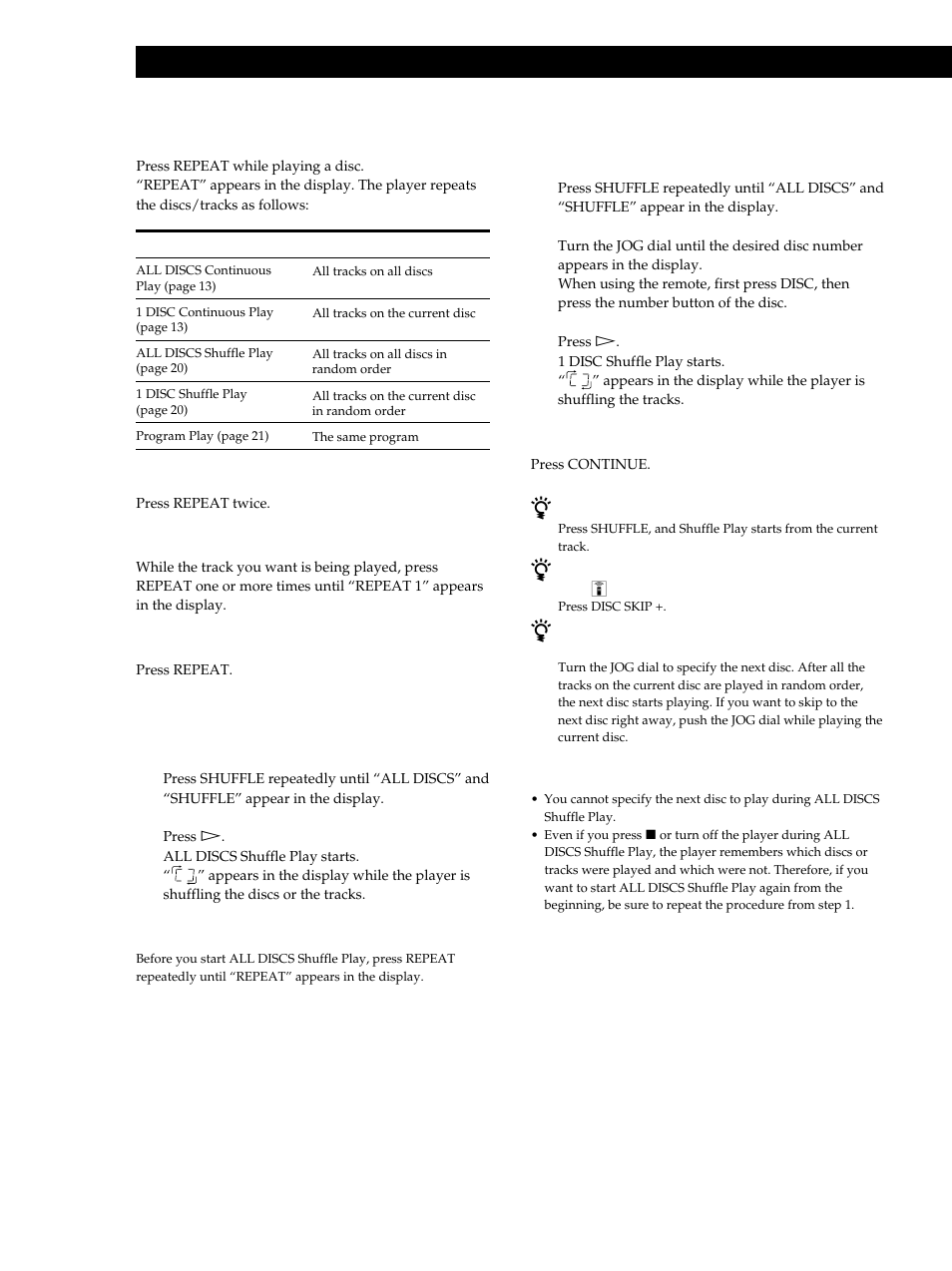 Playing cds, Playing all tracks on all discs in random order 1, Playing repeatedly (repeat play) | Sony CDP-M555ES User Manual | Page 20 / 48