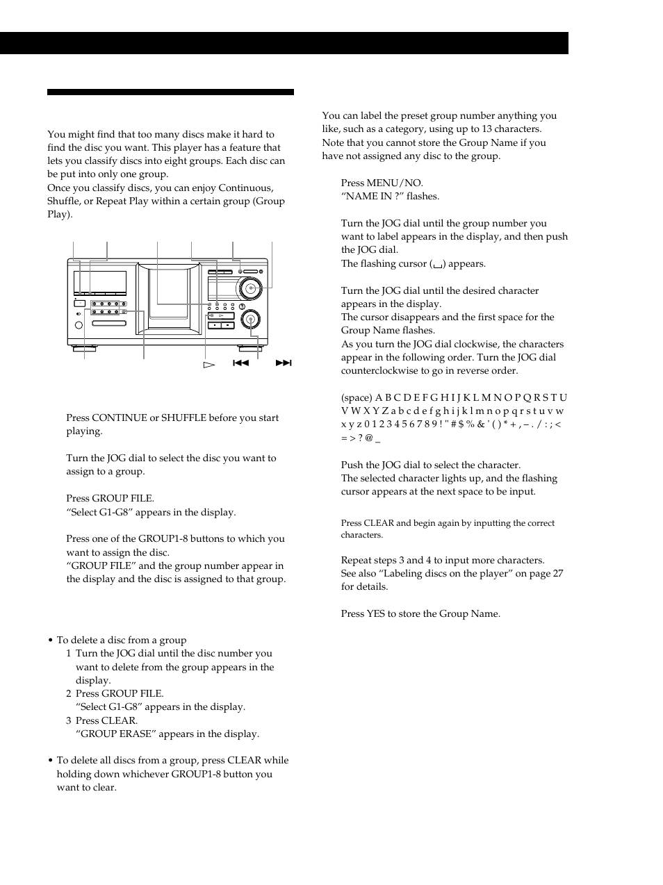 Grouping discs (group file), Storing information about cds (custom files), Assigning discs to groups 1 | Deleting discs from a group, Labeling groups (group name) | Sony CDP-M555ES User Manual | Page 33 / 48