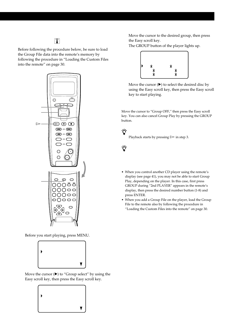 Storing information about cds (custom files), Before you start playing, press menu, When the player is in the shuffle play mode | Sony CDP-M555ES User Manual | Page 35 / 48