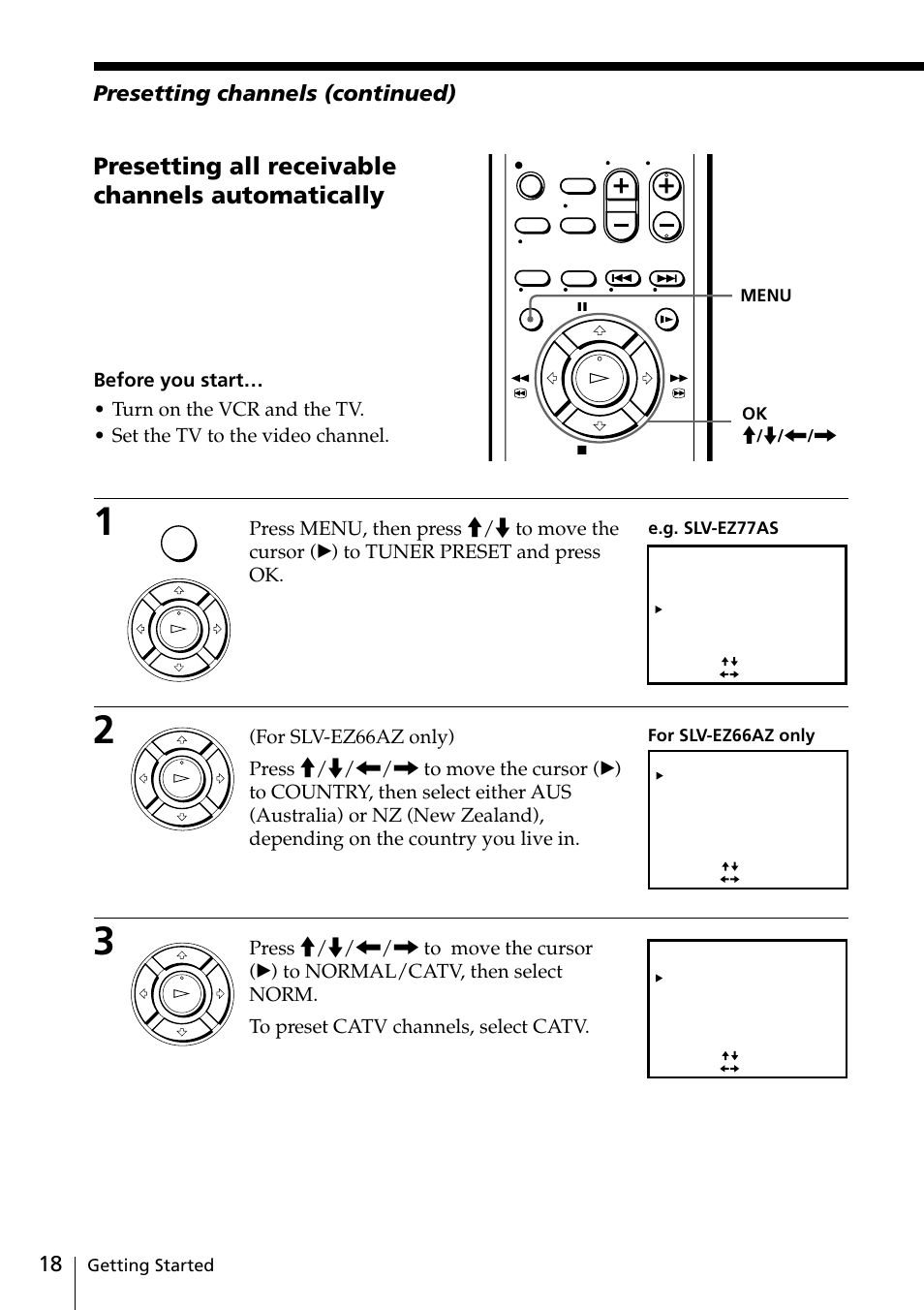 Presetting all receivable channels automatically, 18 presetting channels (continued), Getting started | Menu ok m / m, For slv-ez66az only e.g. slv-ez77as | Sony SLV-EZ77AS User Manual | Page 18 / 75