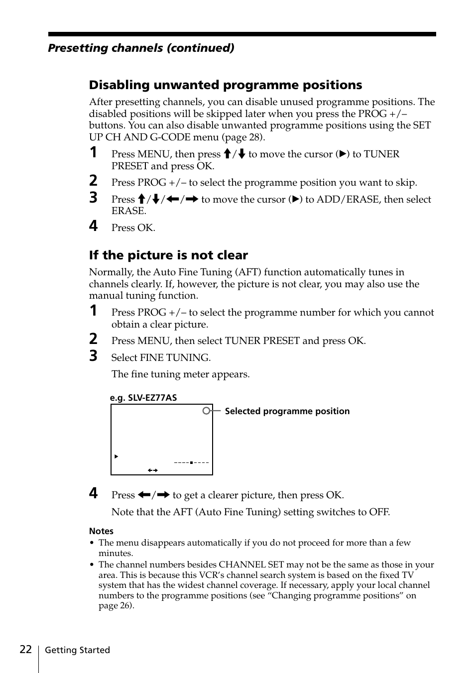 Disabling unwanted programme positions, If the picture is not clear, Presetting channels (continued) | Sony SLV-EZ77AS User Manual | Page 22 / 75